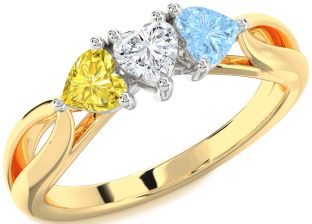 White Yellow Gold Heart Three Stone Mother's Ring