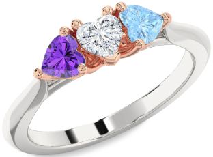 Rose Gold Silver Heart Three Stone Mother's Ring