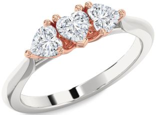 Diamond Silver & 10K Rose Gold Heart Three Stone Ring