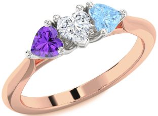 Rose Gold Silver Heart Three Stone Mother's Ring