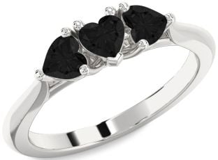 Black Diamond Silver Heart Three Stone Ring