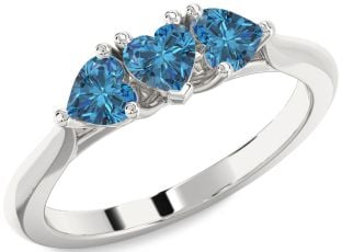 Blue Diamond Silver Heart Three Stone Ring