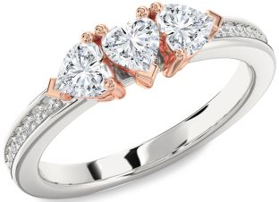 Diamond Silver & 10K Rose Gold Heart Three Stone Ring