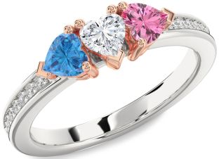 Diamond Platinum & Rose Gold Heart Three Stone Pave Mother's Ring