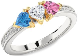 Diamond White Yellow Gold Heart Three Stone Pave Mother's Ring