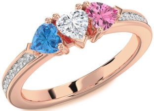 Diamond Rose Gold Heart Three Stone Pave Mother's Ring