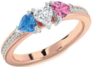 Diamond White Rose Gold Heart Three Stone Pave Mother's Ring