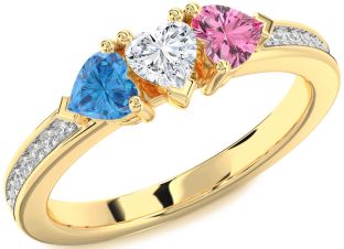 Diamond Gold Heart Three Stone Pave Mother's Ring