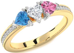 Diamond White Yellow Gold Heart Three Stone Pave Mother's Ring