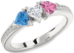 Diamond Platinum Heart Three Stone Pave Mother's Ring