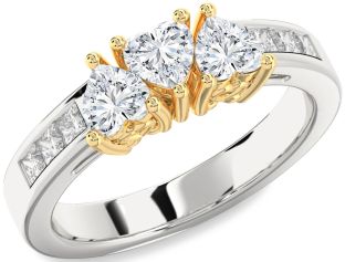Diamond White Yellow Gold Heart Three Stone Ring