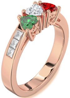 Diamond Rose Gold Silver Heart Four Stone Mother's Ring