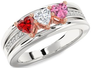Diamond Rose Gold Silver Heart Three Stone Mother's Ring