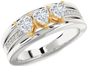 Diamond White Yellow Gold Heart Three Stone Ring