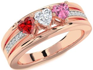 Diamond Rose Gold Silver Heart Three Stone Mother's Ring