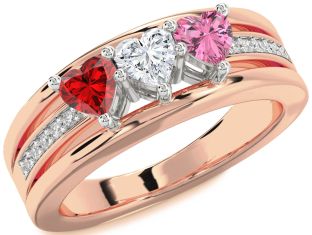 Diamond Rose Gold Silver Heart Three Stone Mother's Ring