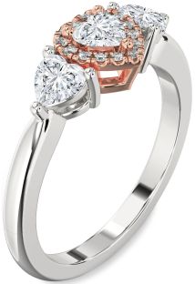 Diamond Silver & 10K Rose Gold Heart Three Stone Engagement Ring