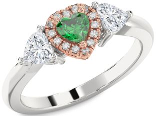 Diamond Emerald Platinum & Rose Gold Heart Three Stone Ring