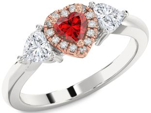 Diamond Ruby Platinum & Rose Gold Heart Three Stone Ring
