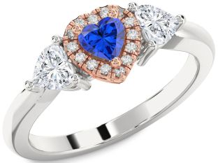 Diamond Blue Sapphire Platinum & Rose Gold Heart Three Stone Ring