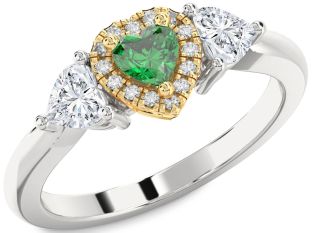Diamond Emerald Platinum & Yellow Gold Heart Three Stone Ring