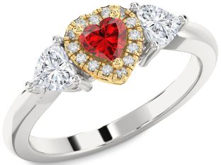 Diamond Ruby White Yellow Gold Heart Three Stone Ring