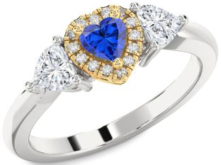 Diamond Blue Sapphire Platinum & Yellow Gold Heart Three Stone Ring