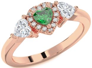 Diamond Emerald Rose Gold Heart Three Stone Ring