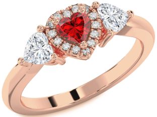 Diamond Ruby Rose Gold Heart Three Stone Ring