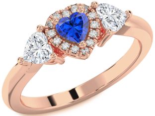 Diamond Blue Sapphire Rose Gold Heart Three Stone Ring