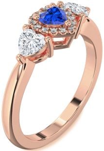 Diamond Blue Sapphire Rose Gold Heart Three Stone Engagement Ring