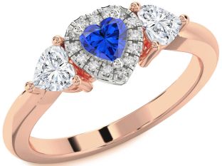 Diamond Blue Sapphire Platinum & Rose Gold Heart Three Stone Ring