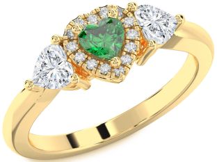 Diamond Emerald Gold Heart Three Stone Ring