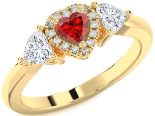Diamond Ruby Gold Heart Three Stone Ring
