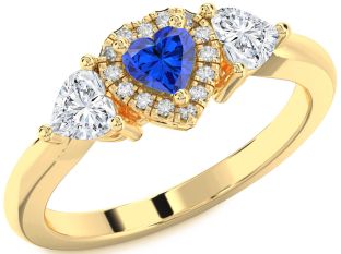 Diamond Blue Sapphire Gold Heart Three Stone Ring