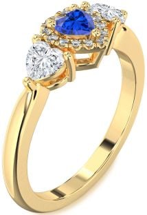 Diamond Blue Sapphire Gold Heart Three Stone Engagement Ring