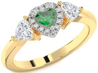 Diamond Emerald Platinum & Yellow Gold Heart Three Stone Ring