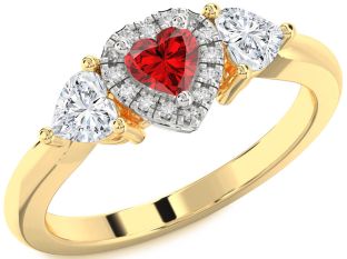 Diamond Ruby White Yellow Gold Heart Three Stone Ring