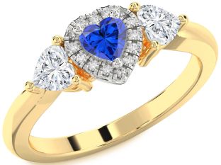 Diamond Blue Sapphire Platinum & Yellow Gold Heart Three Stone Ring