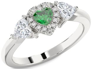 Diamond Emerald Silver Heart Three Stone Ring
