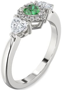 Diamond Emerald White Gold Heart Three Stone Engagement Ring