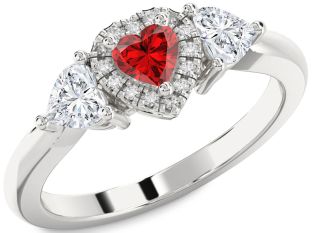 Diamond Ruby Platinum Heart Three Stone Ring