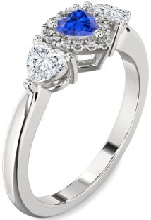 Diamond Blue Sapphire Platinum Heart Three Stone Engagement Ring