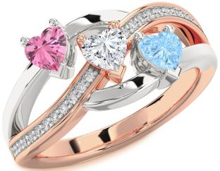 Diamond Rose Gold Silver Heart Three Stone Mother's Ring