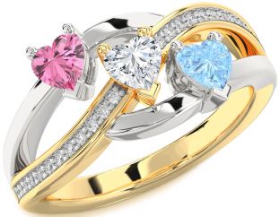 Diamond Gold Silver Heart Three Stone Mother's Ring