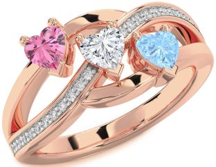 Diamond Rose Gold Silver Heart Three Stone Mother's Ring