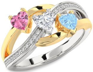 Diamond Gold Silver Heart Three Stone Mother's Ring