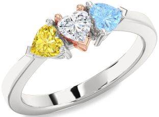 Rose Gold Silver Heart Three Stone Mother's Ring
