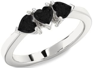 Black Diamond Silver Heart Three Stone Ring
