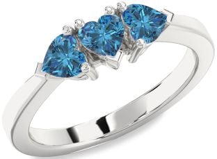 Blue Diamond Silver Heart Three Stone Ring